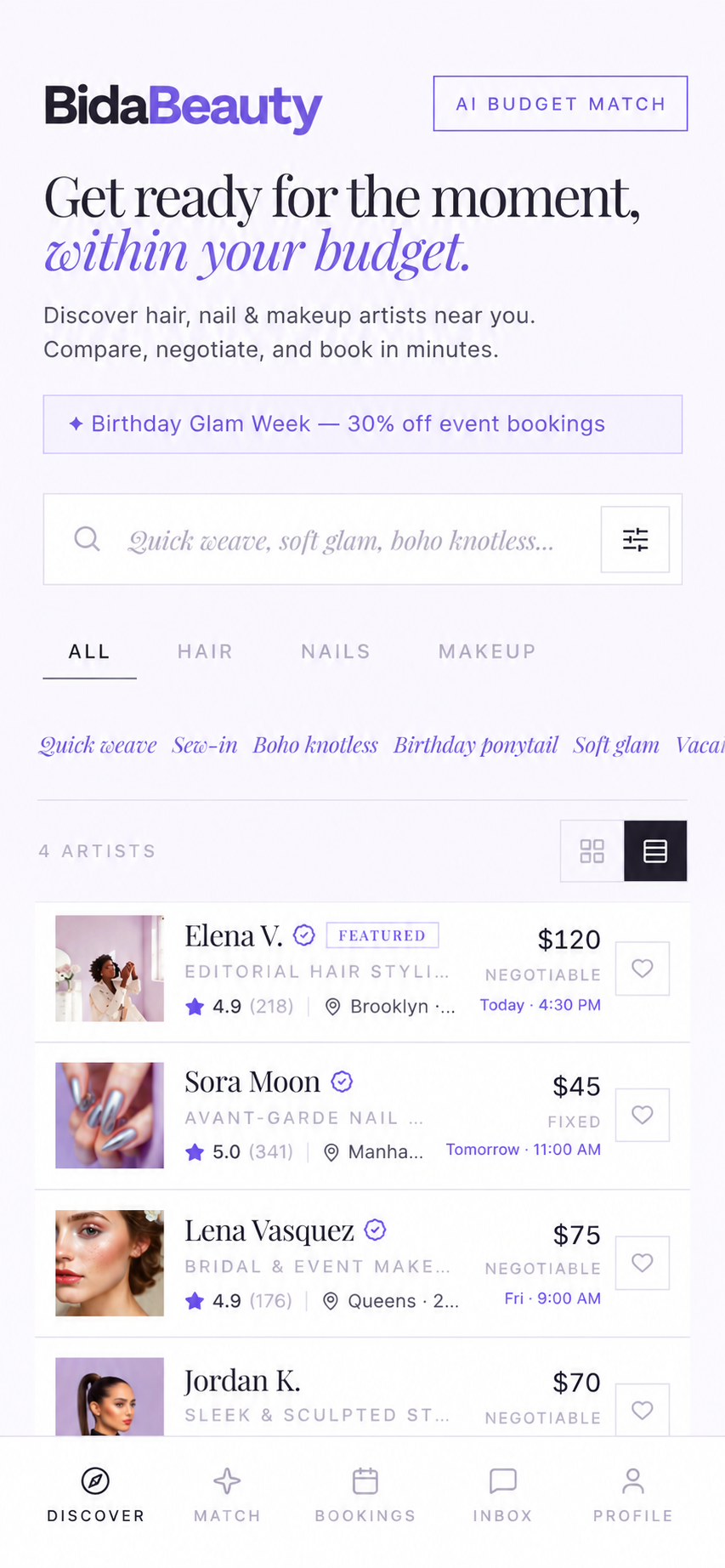 Find available stylists near you with ratings, prices, and next openings
