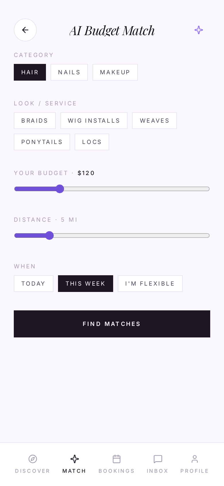 Budget Match: set your service, date, and spend