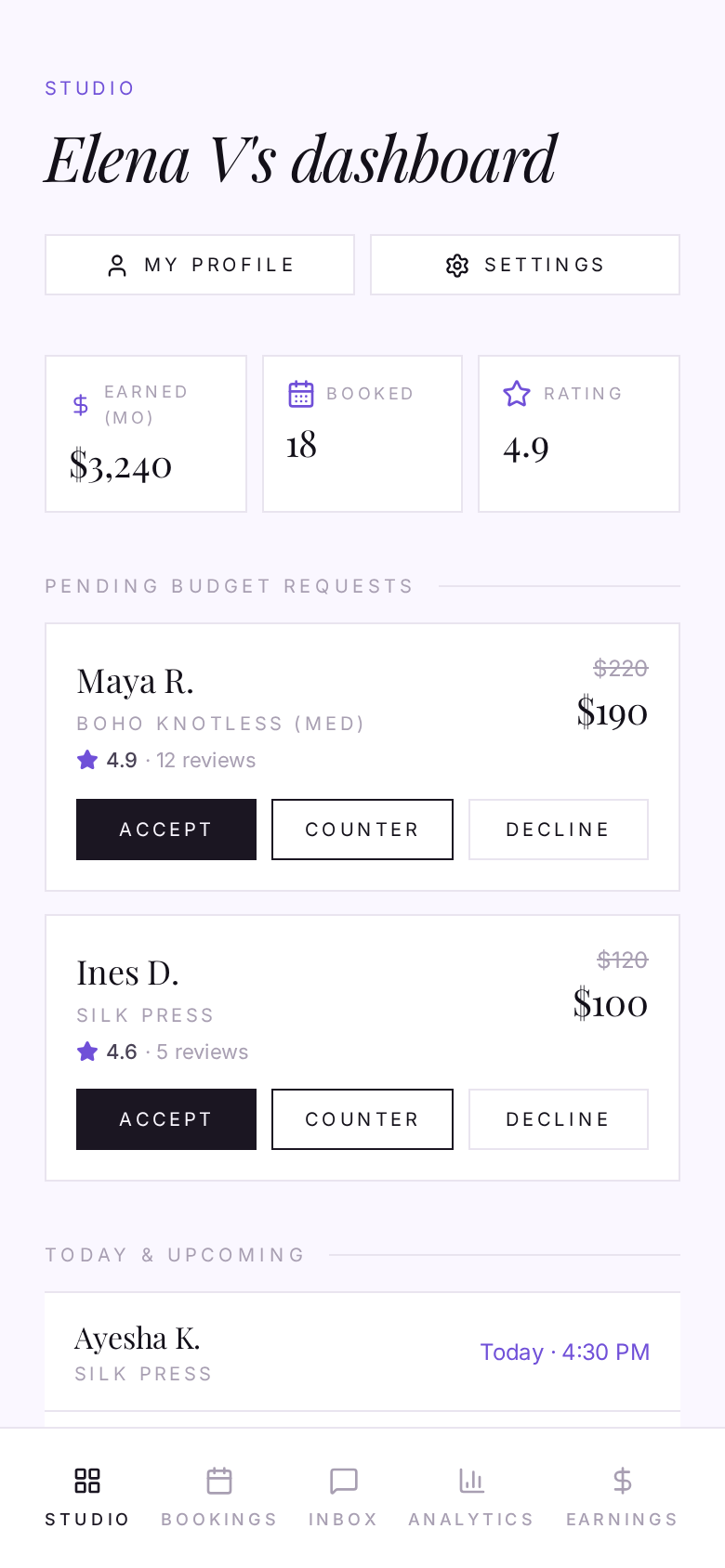 Provider studio with booking requests